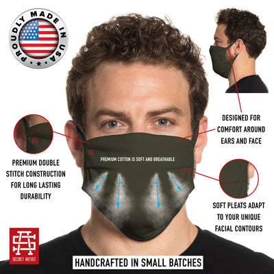 Secret Artist Pleated Military Green/Black Reversible Cloth Face Mask